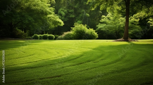 A neatly mowed lawn in a garden. The garden is bordered by trees, bushes and shrubs.  photo