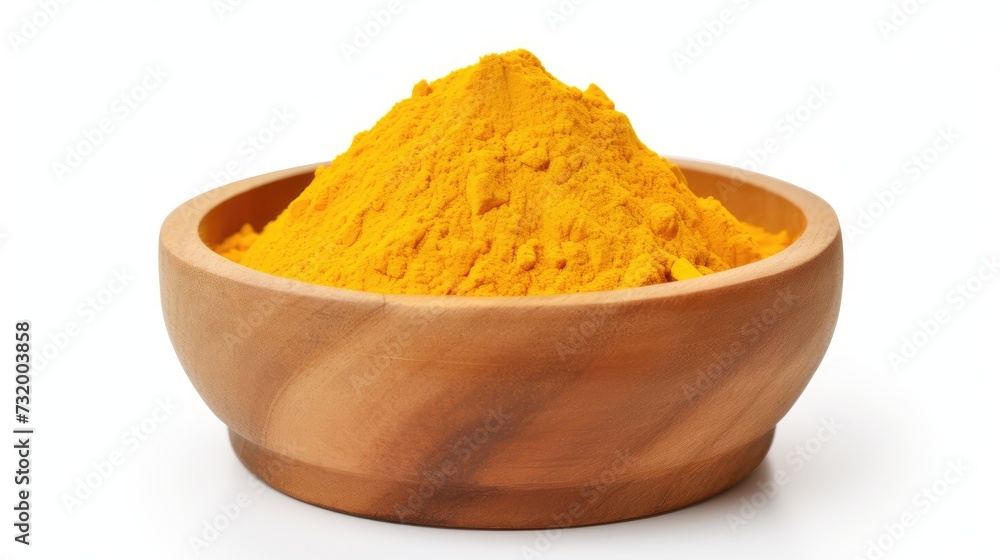 turmeric with yellow powder in a wooden bowl isolated on a white background, front view turmeric with yellow powder in a wooden bowl isolated on a white background, front view