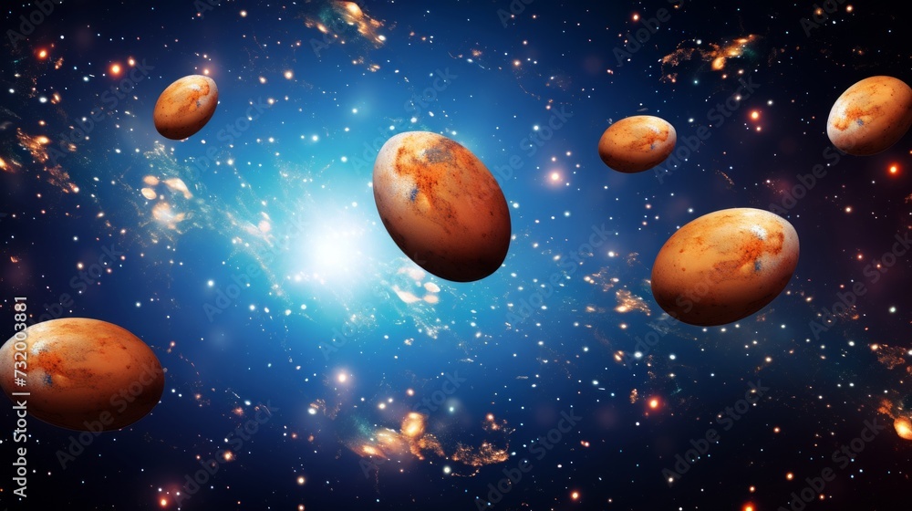 Stellar backdrop featuring eggs in space. Concept of interstellar, cosmic birth, astronomy, and celestial mystery.