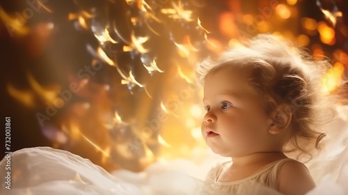 Cute baby illuminated by a warm  glowing aura  representing purity and happiness. Concept of childhood delight  warmth  and glowing potential.