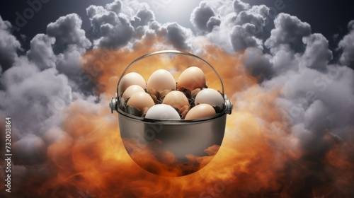 Eggs in a metal bucket against a dramatic sky with clouds and fire. photo