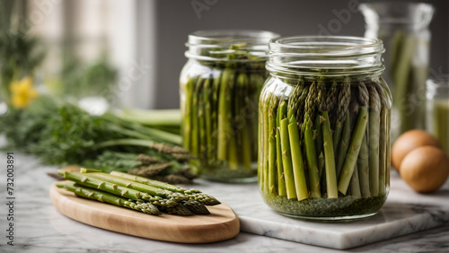 Pickled Asparagus in a Glass Jar on a White Marble Tray
