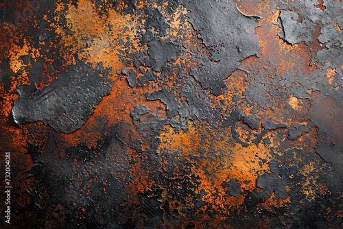 Modern old grunge metal background with corroded metal structure with scratches in black, brown and orange colors, industrial and vintage style