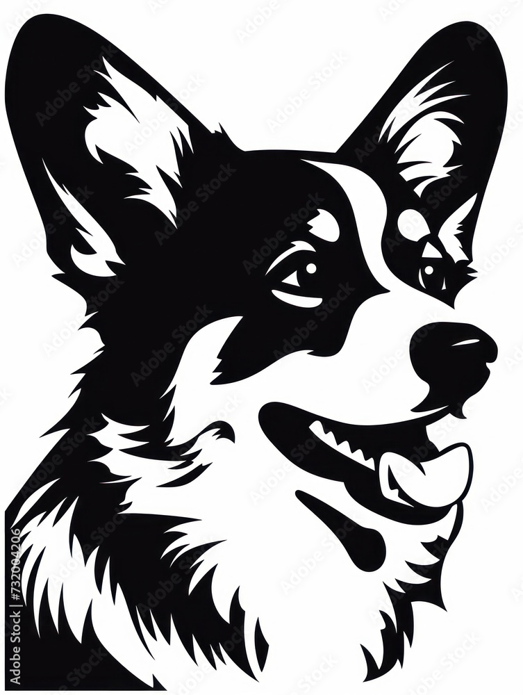 A black and white image of a corgi dog's head. The dog has a big smile, big eyes, and large ears. A black and white image of a corgi dog's head. The dog has a big smile, big eyes, and large ears.