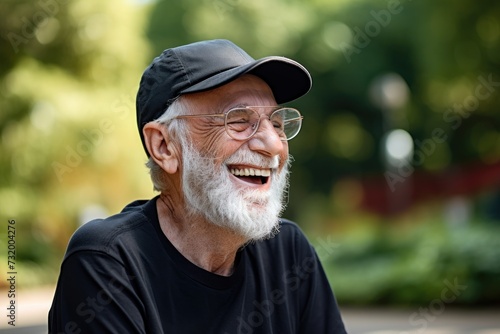 Elderly man with long white beard and glasses laughing in park on sunny day, wearing black cap and t-shirt. Friendly expression