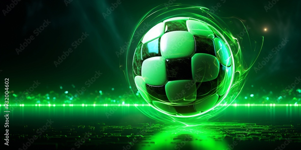 Green tech background Neon light soccer, Ball on the stadium lawn. 3d illustration for announcing the start of football championships