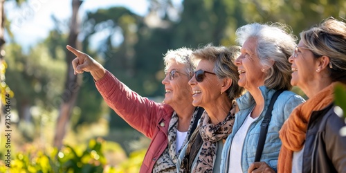 Senior, women and friends pointing in park with view and retirement smile in a garden. Nature, holiday and conversation with elderly female people on vacation feeling happy from bonding and freedom
