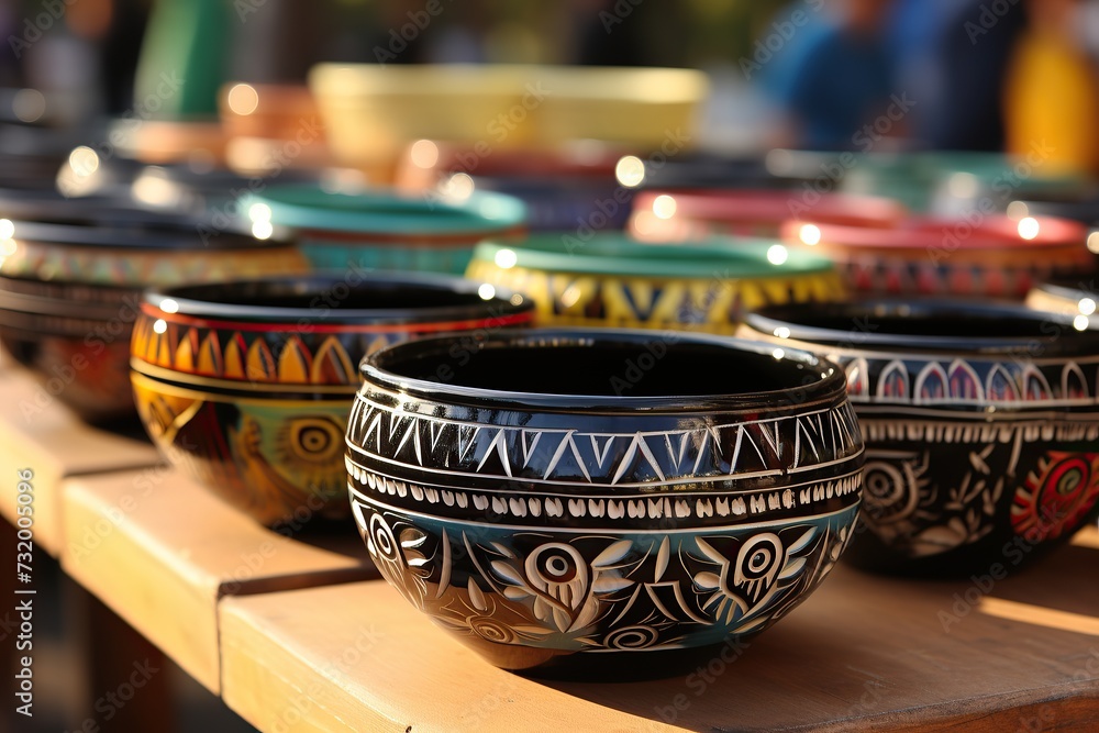 Ceramic bowls with bold tribal motifs catch the evening sun at an outdoor market Ceramic bowls with bold tribal motifs catch the evening sun at an outdoor market