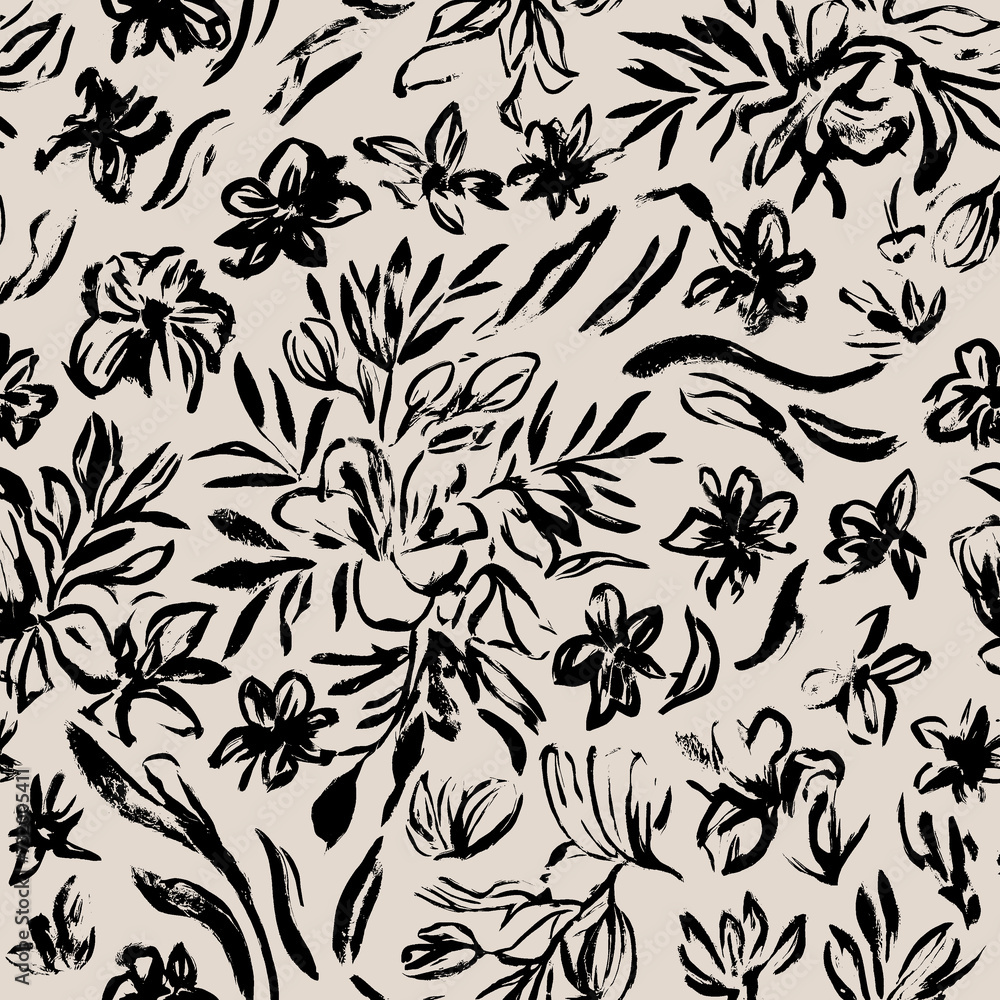 Obraz premium Floral pattern, monochrome flowers pattern, textile print.
