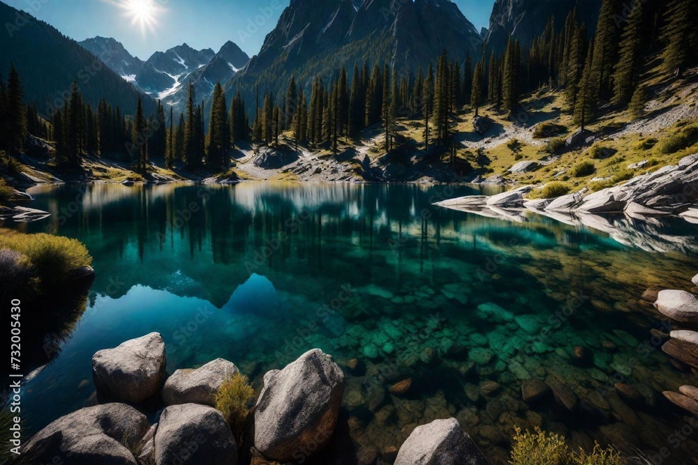 Nestled in the Embrace of Towering Peaks, a Pristine Lake Reflects the Sky's Azure Hues, Offering a Sanctuary of Tranquility. Surrounded by the Majestic Mountains, Its Waters Whisper Tales of Timeless