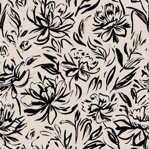 Floral pattern, monochrome flowers pattern, textile print.