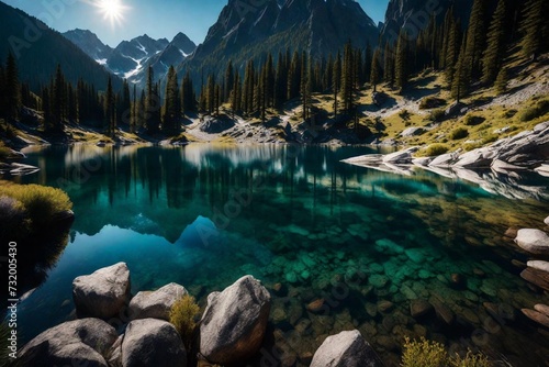 Nestled in the Embrace of Towering Peaks, a Pristine Lake Reflects the Sky's Azure Hues, Offering a Sanctuary of Tranquility. Surrounded by the Majestic Mountains, Its Waters Whisper Tales of Timeless