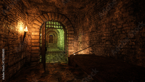Dark miserable empty cell in a medieval dungeon with bed hanging by chains from the wall. 3D render.