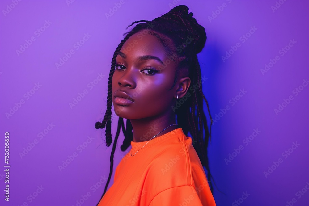 young black woman wearing highlighter orange neon t shirt on a bold purple background young black woman wearing highlighter orange neon t shirt on a bold purple background