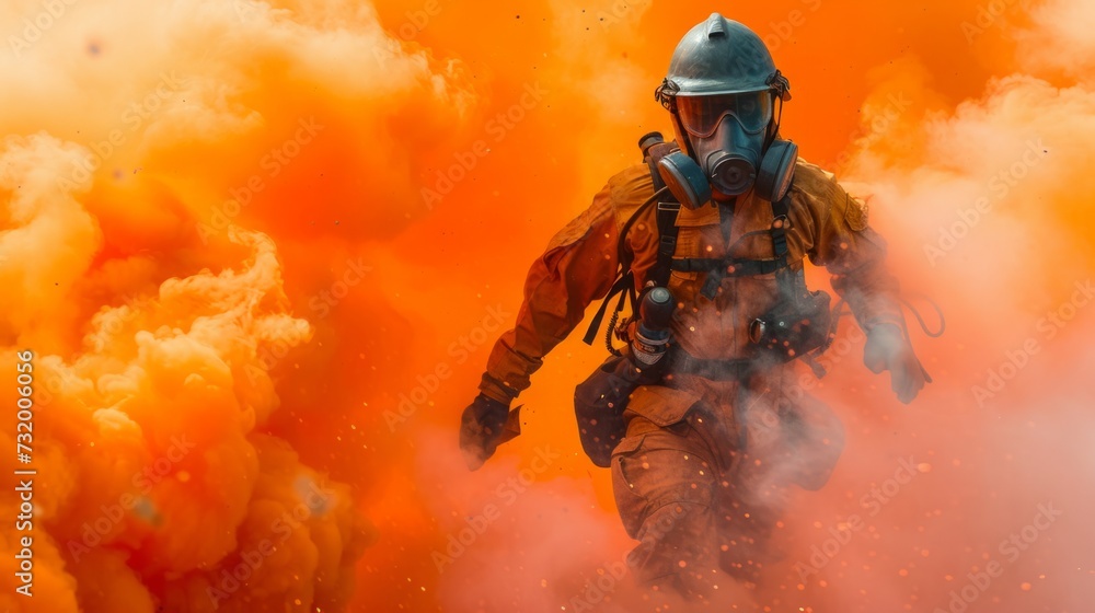 Rescue man in firefighter uniform and oxygen mask walk through orange signal smoke Rescue man in firefighter uniform and oxygen mask walk through orange signal smoke