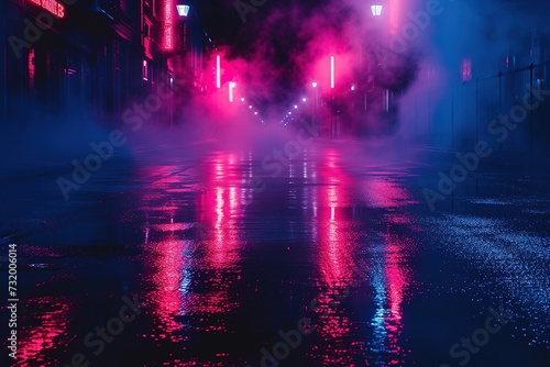 Mokry asfalt, odbicie neonów, reflektor, dym. Abstrakta światło w ciemnej pustej ulicie z dymem, smogiem. Ciemne tło sceny pustej ulicy, widok nocy, miasto nocą.