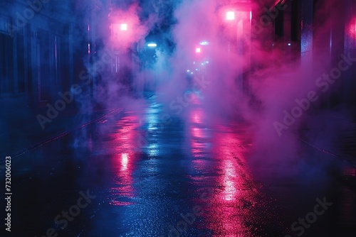 Wet asphalt  reflection of neon lights  a searchlight  smoke. Abstract light in a dark empty street with smoke  smog. Dark background scene of empty street  night view  night city.