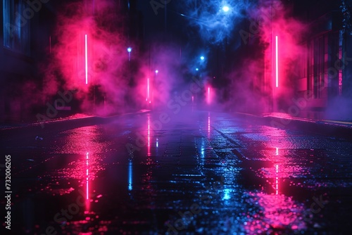 Wet asphalt  reflection of neon lights  a searchlight  smoke. Abstract light in a dark empty street with smoke  smog. Dark background scene of empty street  night view  night city.