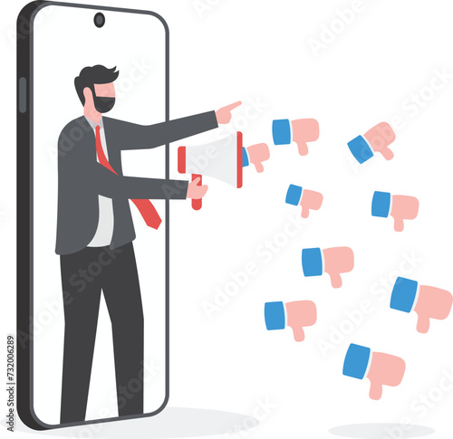 Internet hater, angry social media, dislike or negative feedback from remote work, cyber bullying concept, furious young man from mobile phone shouting on megaphone with negative thumb down symbols.

