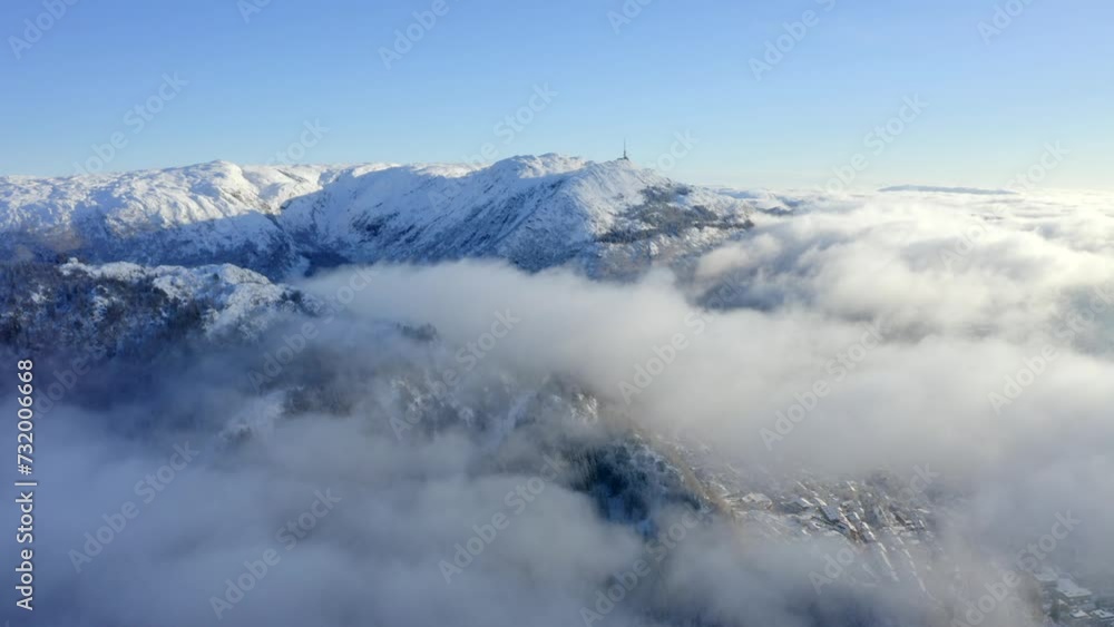 Drone view of clouds above forested hills during winter Drone view of clouds above forested hills during winter