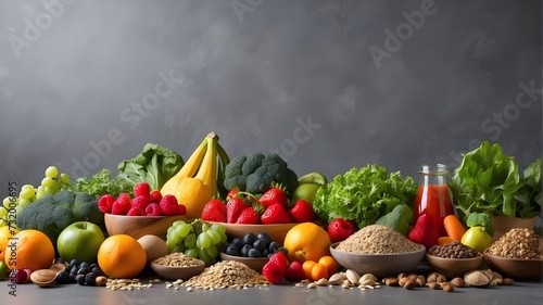 fruits and vegetables Selection of clean, healthy foods fruits, vegetables, grains, seeds, superfoods, and leafy vegetables against a gray concrete background