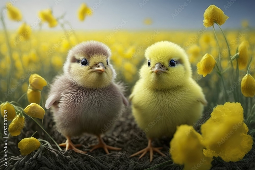 AI generated illustration of two young chickens between yellow flowers