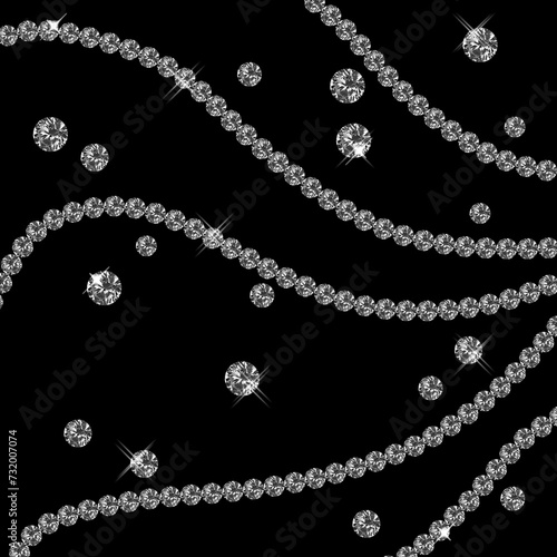 Beautiful embroidery depicting a scattering of diamonds. Shiny, silver and black print with diamonds, embroidery and jewelry. Fashionable abstract background. A piece of cloth with diamonds.