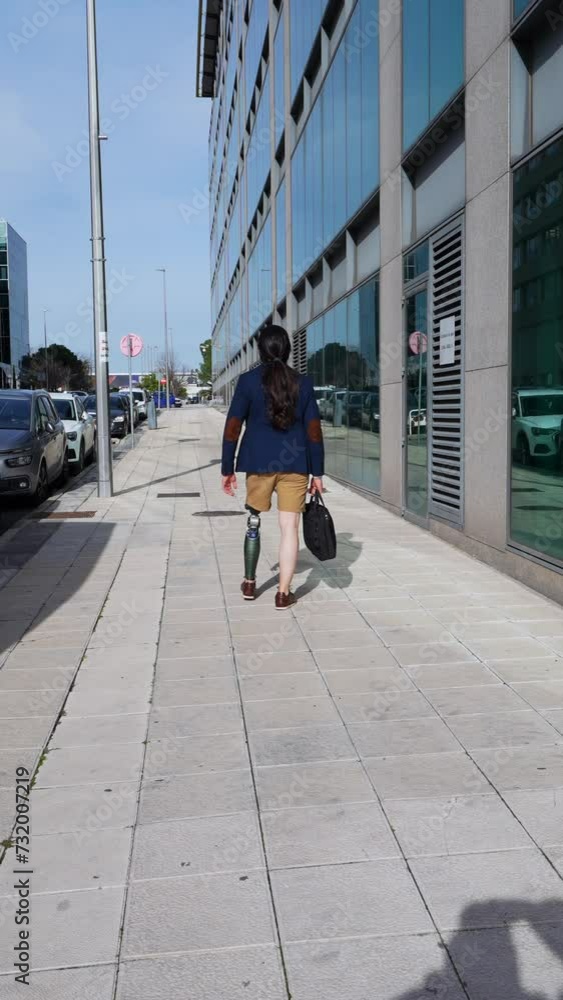custom made wallpaper toronto digitalCaucasian entrepreneur seen from behind, with artificial leg, strides through cityscape.