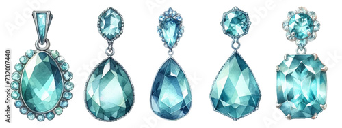 Aquamarine earrings watercolor illustration material set