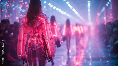 Fashion runway that showcases a blend of late 90s and early 2000s fashion trends futuristic materials and designs. metallic fabrics, holographic accessories, LED-embedded clothing models digital laser photo