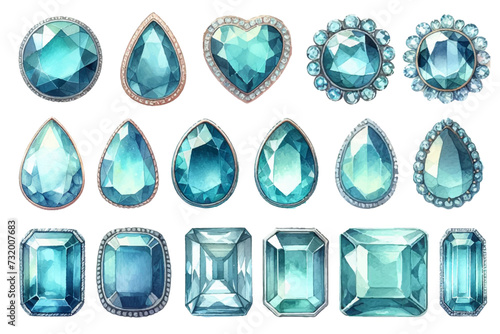 Aquamarine rhinestone watercolor illustration material set
