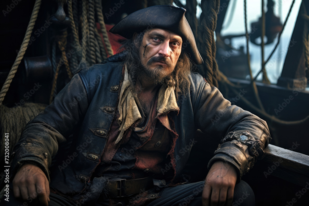 Fototapeta premium Privateer Klaus Störtebeker waiting to attack a cog ship of the Hanseatic League