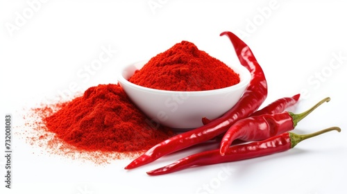 Red hot chili peppers and powder isolated on white background. spicy photo