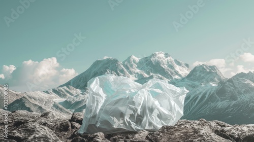 Plastic bag pollution contrasting snowy mountain landscaped