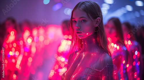 Fashion runway that showcases a blend of late 90s and early 2000s fashion trends futuristic materials and designs. metallic fabrics, holographic accessories, LED-embedded clothing models digital laser