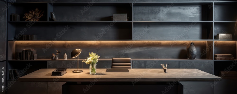 
Decorating the office with a luxurious touch, incorporating dark concrete elements for a sophisticated ambiance.