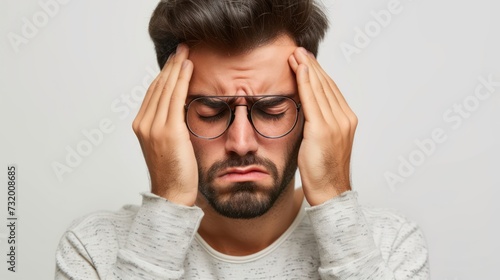 A tired young male is seen experiencing eye strain, holding glasses while rubbing his dry and irritated eyes.