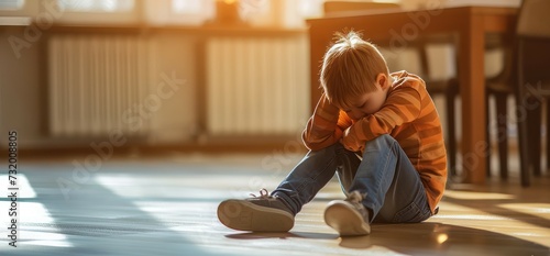 
An upset child with their head in their hands sits on the floor, representing concepts such as bullying, depression, stress, or frustration at home. photo