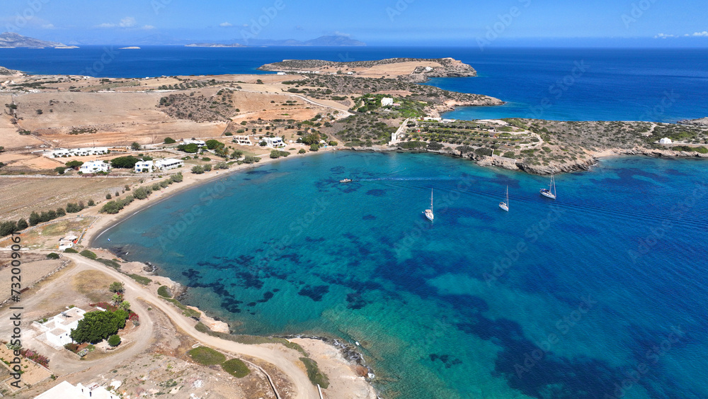Aerial drone photo of paradise beach of Livadi in small island of Schoinousa, Small Cyclades, Greece Aerial drone photo of paradise beach of Livadi in small island of Schoinousa, Small Cyclades, Greece