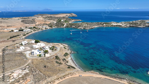 Fototapeta Naklejka Na Ścianę i Meble -  Aerial drone photo of paradise beach of Livadi in small island of Schoinousa, Small Cyclades, Greece