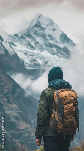  An anonymous traveler stands beside a mountain.