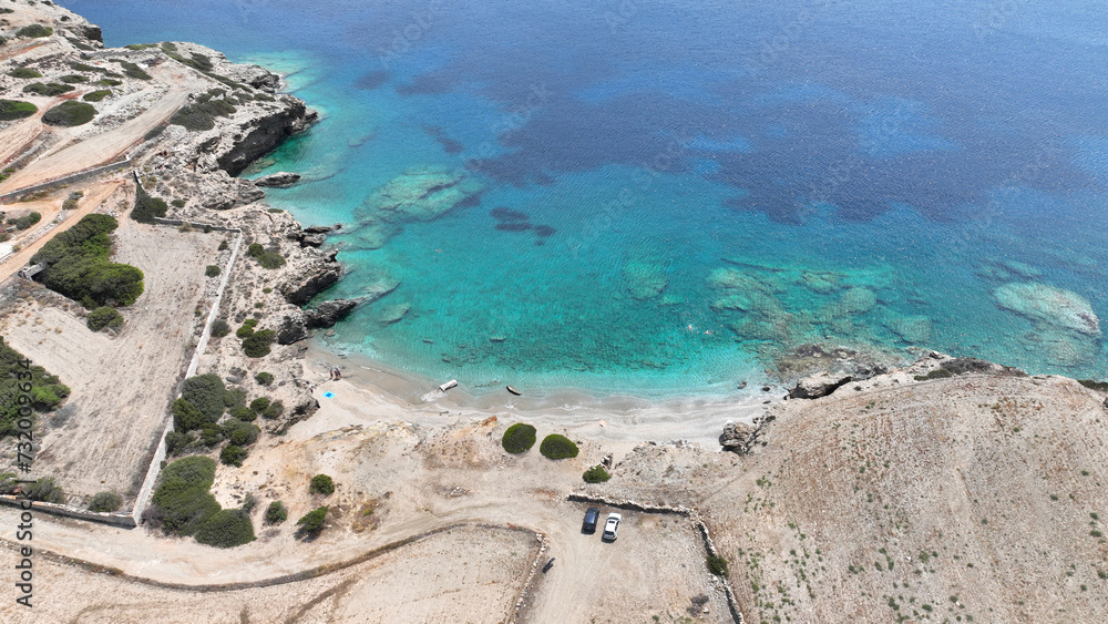 Aerial drone photo of paradise beach of Bazeos and Lioliou in small island of Schoinousa, Small Cyclades, Greece