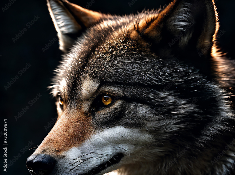 Portrait of a wolf looking straight on a dark background, close up view
