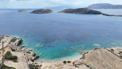 Aerial drone photo of paradise beach of Bazeos and Lioliou in small island of Schoinousa  Small Cyclades  Greece