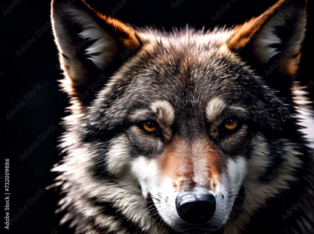 Portrait of a wolf looking straight on a dark background, close up view