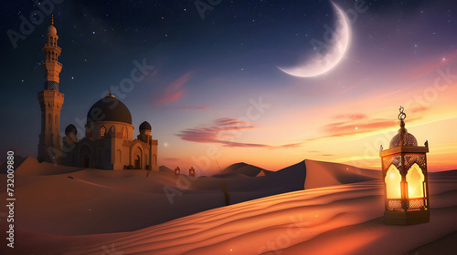 Majestic mosque in a serene desert landscape, bathed in soft Ramadan moonlight with a warm lantern glow, showcasing the cultural richness under the starry night sky and sand dunes 