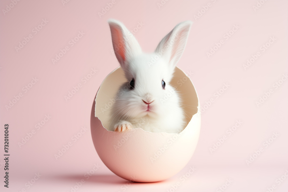 Fototapeta premium A cute rabbit peeking its head from a cracked Easter egg with a pink background