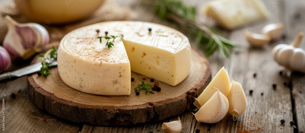 A piece of cheese rests on a wooden cutting board, an ingredient used in various cuisines and recipes. It is a comfort food and can be used in baked goods. A piece of cheese rests on a wooden cutting board, an ingredient used in various cuisines and recipes. It is a comfort food and can be used in baked goods.
