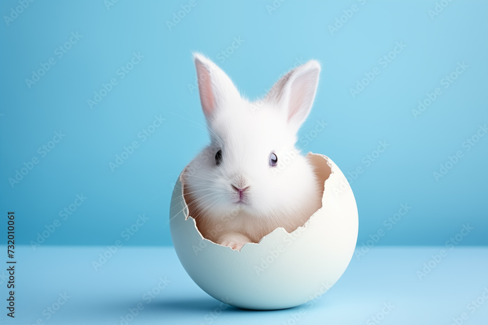 Fototapeta premium A cute rabbit peeking its head from a cracked Easter egg with a blue background