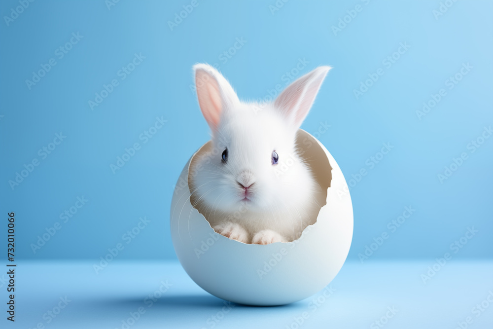 Fototapeta premium A cute rabbit peeking its head from a cracked Easter egg with a blue background